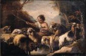 A Shepherd Boy Watering Sheep In A Mountainous Landscape