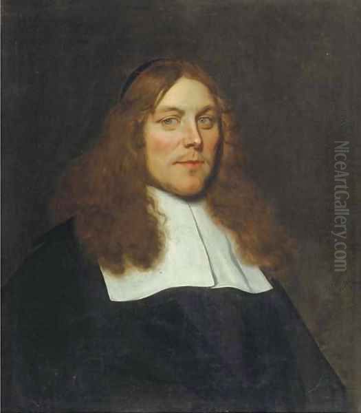 A portrait of a vicar, aged 34, bust-length, in a black costume with a white flat collar - view 1