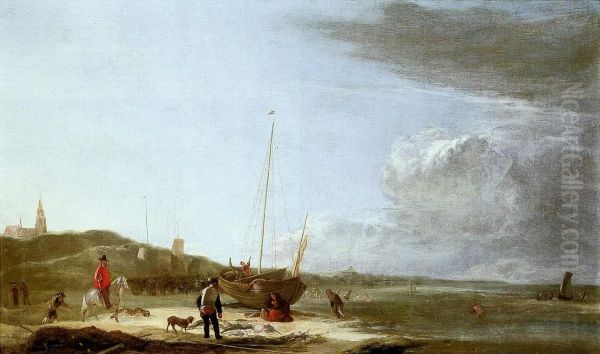The beach at Scheveningen, with fisherfolk displaying their catch - view 1