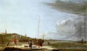 The beach at Scheveningen, with fisherfolk displaying their catch by Ludolf de Jongh