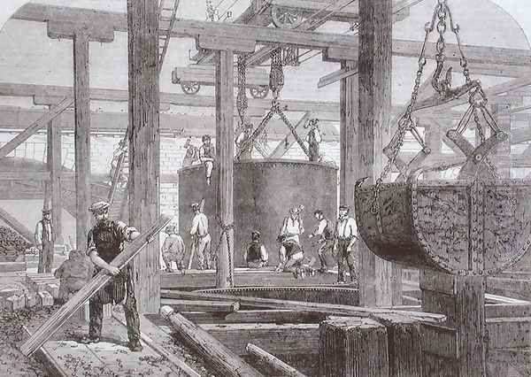 View of construction work taking place at Blackfriars Bridge for the London Chatham and Dover Railway showing the sinking of a cylinder for one of the circular stone piers - view 1