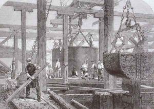View of construction work taking place at Blackfriars Bridge for the London Chatham and Dover Railway showing the sinking of a cylinder for one of the circular stone piers by Mason Jackson