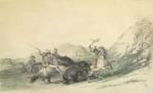 Attacking The Grizzly Bear, Plate No. 19 (ab. T. 653) by George Catlin