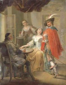 Elegant company playing cards around a table in an interior by Frans Christoph Janneck
