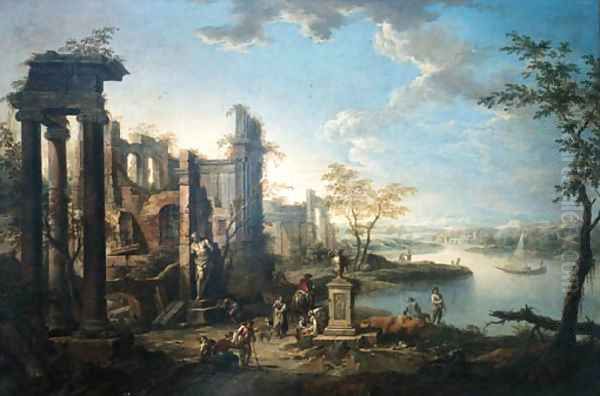 An Italianate river landscape with figures resting by classical ruins - view 1