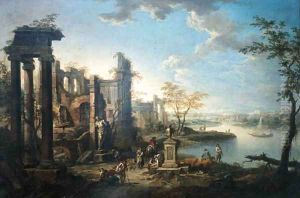 An Italianate river landscape with figures resting by classical ruins by Frans Christoph Janneck