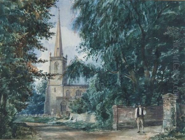 An English Country Church With Figure Of A Woodcutter Standingin The Foreground - view 1