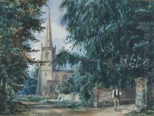 An English Country Church With Figure Of A Woodcutter Standingin The Foreground by George Cattermole