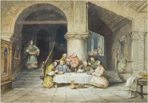 Monks Dining In A Gothic Interior by George Cattermole
