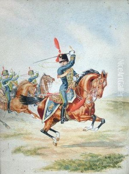 Ri -- The 15th Hussars On
Horseback; Watercolour, Signed And Titled, 19x14cm. Note:the Subject Of
The Above, Known As The 15th Or The Kings Light Dragoons - view 1