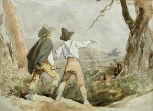 Two Boys Shooting Pistols In A Landscape