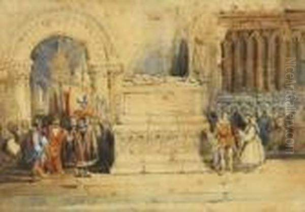 ] Medieval Figures By A Tomb In A Church Interior - view 1