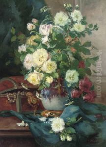 Red Roses, White Roses And Horse
 Parsley In An Ornamental Vase By Achest Of Jewels On A Draped Ledge