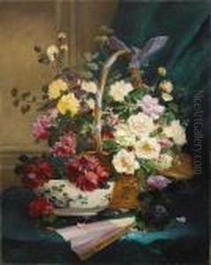 A Still Life With Roses In A Basket by Eugene Henri Cauchois
