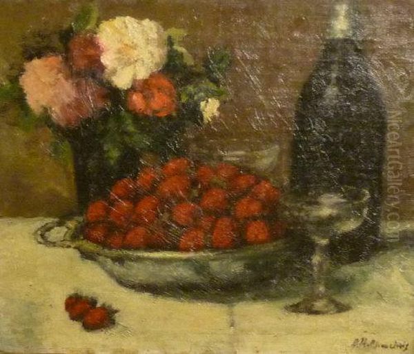 Still Life Of A Bowl Of Strawberries And Flowers - view 1