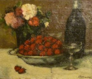 Still Life Of A Bowl Of Strawberries And Flowers