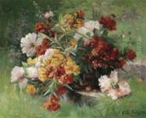 Flowers In Awillow Basket by Eugene Henri Cauchois