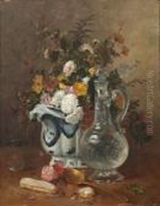 Still Life Of Flowers, Glass Decanter And Spoon