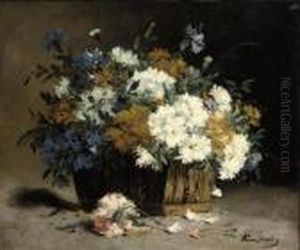 Cornflowers And Chrysanthemums In A Basket