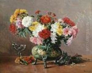 A Still Life Of Chrysanthemums In A Porcelainvase And A Sweetmeat Glass On A Table by Eugene Henri Cauchois