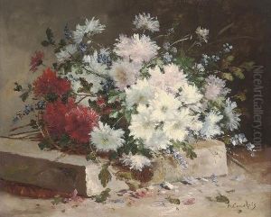 Asters And Sweet Peas On A Stone Plinth