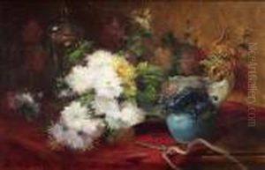 Still Life With Chrysanthemums, Glass Goblet And Shell Shaped Bowl. Oil/canvas, Signed