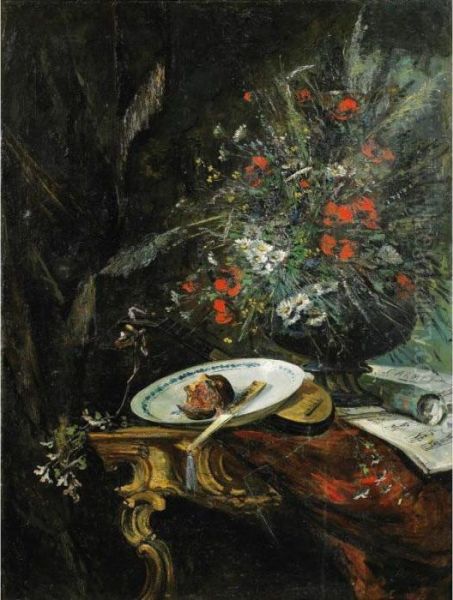 Nature Morte A La Grenade, A 
L'eventail Et A La Partition Carmen [ ; Still Life With A Pomegranate, A
 Fan And A Carmen Score ; Oil On Canvas, Signed; Also Trace Of Signature
 ... H.c... Lower Right] - view 1