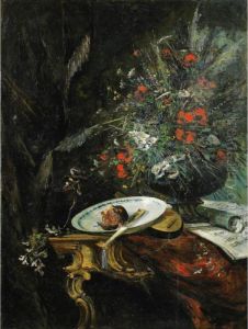 Nature Morte A La Grenade, A 
L'eventail Et A La Partition Carmen [ ; Still Life With A Pomegranate, A
 Fan And A Carmen Score ; Oil On Canvas, Signed; Also Trace Of Signature
 ... H.c... Lower Right] by Eugene Henri Cauchois
