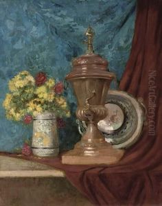 A Vase Of Chrysanthemums And Roses Alongside An Urn And A Bowl On A Draped Table. by Eugene Henri Cauchois