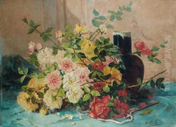 Jetee De Roses Pres D'un Vase En Porcelaine. - view 1