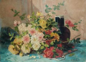 Jetee De Roses Pres D'un Vase En Porcelaine. by Eugene Henri Cauchois