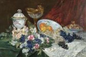 Still Life With Bowl Of Fruit, Flowers And Porcelain Figures. by Eugene Henri Cauchois