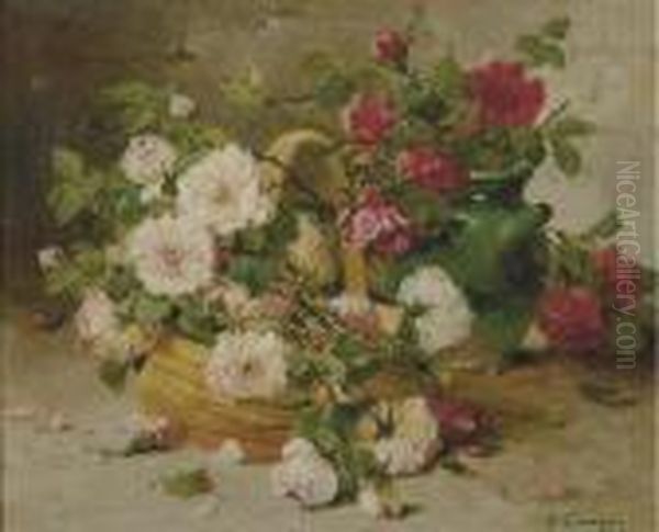 Still Life Of Peonies And Various Flowers In A Basket - view 1