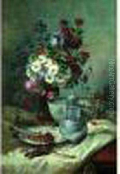 Nature Morte Au Vase De Fleurs, Porcelaine Et Piece D'etain Sur Un Entablement - view 1