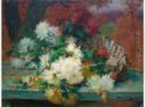 Bouquet De Fleurs Dans Une Paniere Sur Un Entablement by Eugene Henri Cauchois