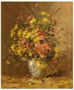 Vase De Fleurs Jaunes Et Roses by Eugene Henri Cauchois