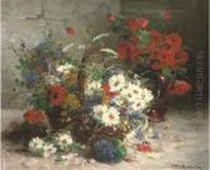 Daisies, Poppies And Other Summer Flowers In A Basket By A Jug Ofpoppies