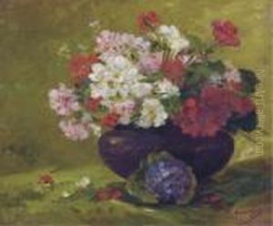 Vase With Red, Pink And White Geraniums