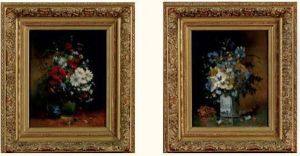 Paire De Natures Mortes Au Vase De Fleurs by Eugene Henri Cauchois
