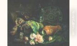Composition Aux Roses, Plumes De Paons, Collier De Perles Et Etoffes Sur Un Entablement