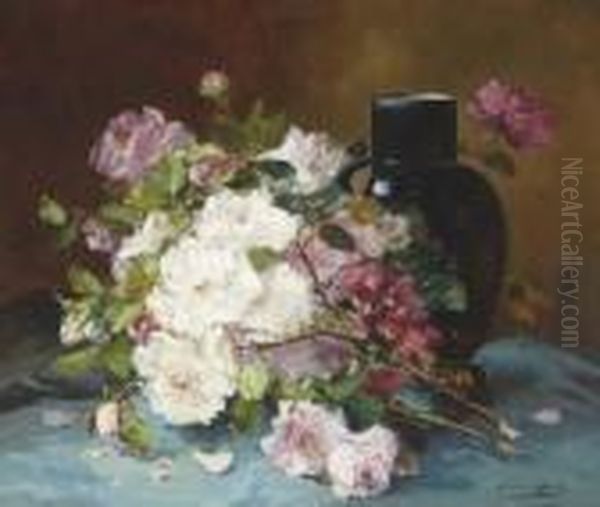 Bouquet Of Roses And A Vase On A Draped Table - view 1