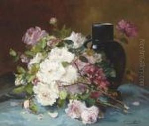 Bouquet Of Roses And A Vase On A Draped Table by Eugene Henri Cauchois