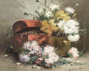 "chrysanthemums In A Copper Vase", Oil On Canvas