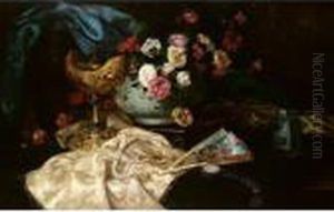 Still Life With Roses And Fan by Eugene Henri Cauchois