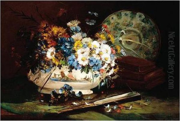 Eugene , Still Life Of Flowers,
Books And Plate, Signed, Oil On Panel, 50 X 73 Cm.; 19 3/4 X 28 3/4 In - view 1