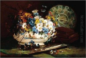 Eugene , Still Life Of Flowers,
Books And Plate, Signed, Oil On Panel, 50 X 73 Cm.; 19 3/4 X 28 3/4 In by Eugene Henri Cauchois