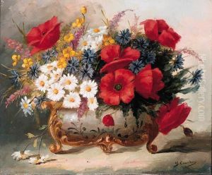 Poppies, Daisies And Mixed Summer Flowers In A Roccoco Vase