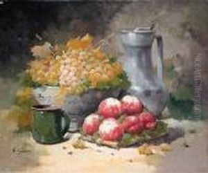 Grapes In A Bowl With Peaches And A Pewter Jug