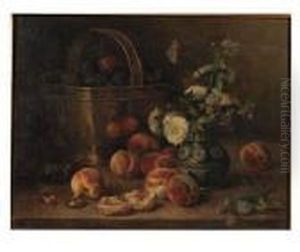 Wild Flowers, Peaches And Plums In A Copper Basket