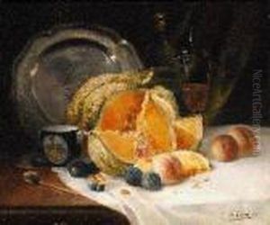 A Melon, Peaches, Plums, With A Pewter Plate And Spoon On A Kitchentable